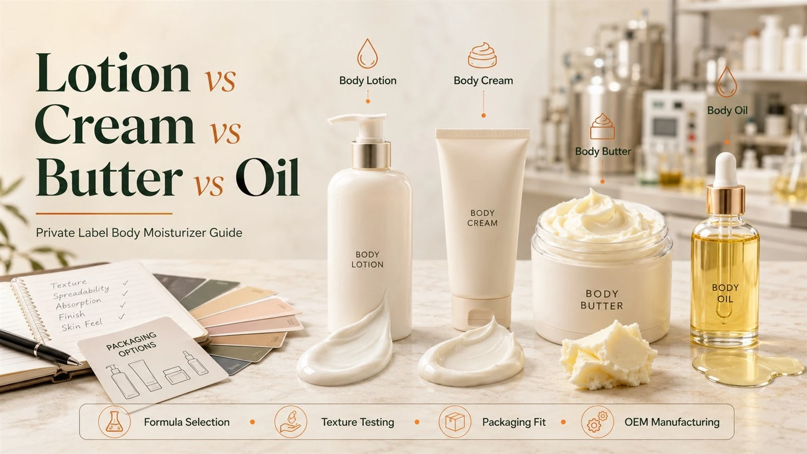 body lotion vs body cream vs body butter vs body oil private label guide with OEM formula and texture comparison body lotion vs body cream vs body butter vs body oil private label guide with OEM formula and texture comparison